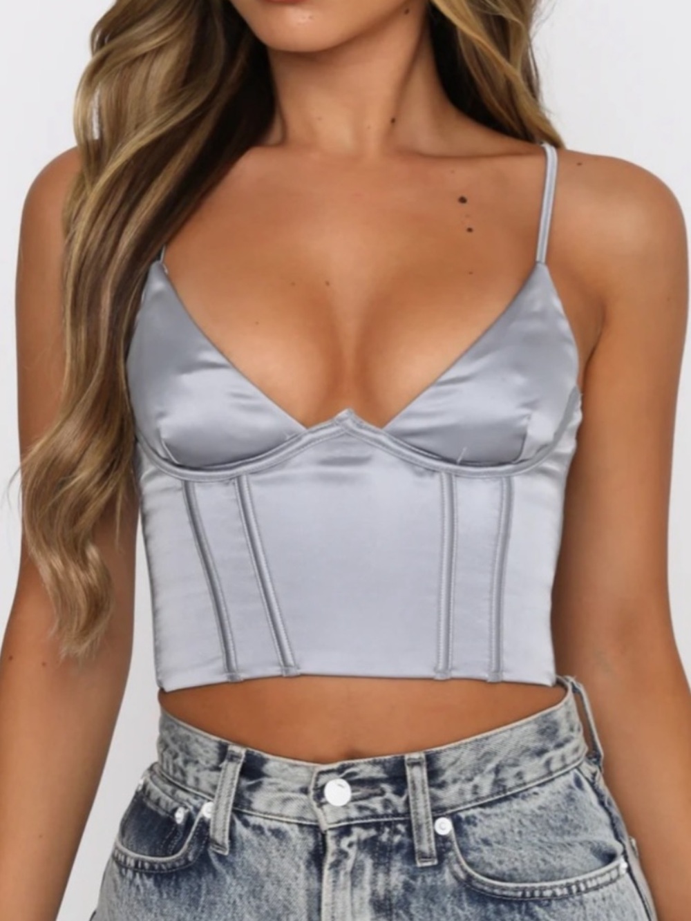 White Fox Acacia bustier corset top ice blue silver satin bra top size XS